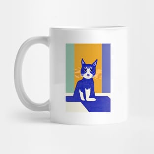 Blue Kitten Retro Poster Vintage Art Purple Wall Blue Orange Illustration Mug